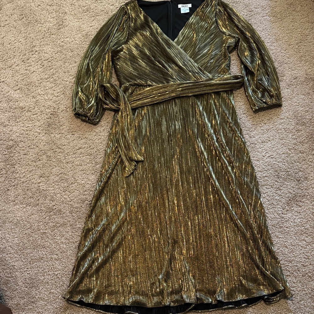 DKNY Metallic Gold Long Sleeve Dress